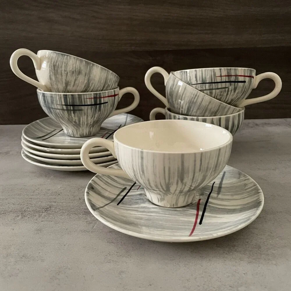 Vintage MCM Hiawatha Prim Rose Atomic Stetson China Six Tea Cups Saucers Sets